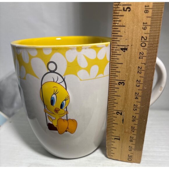 Tweety Bird Ceramic Coffee Mug Yellow Interior & Floral Design 12 Oz By Tindex - Picture 8 of 9